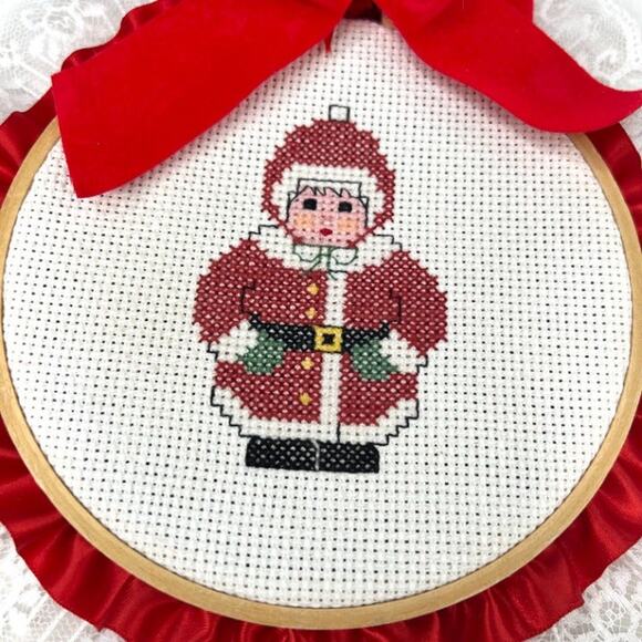 Vintage Handmade Mrs. Claus Cross Stitch Hoop Art - Picture 2 of 3